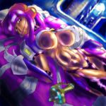  abs bloom breasts capcom dark_skin large_breasts layer lowres mole nipples purple_eyes purple_hair rockman rockman_x shiny shiny_skin solo underboob 