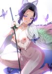  1girl :q barefoot black_hair breasts bug butterfly butterfly_hair_ornament cleavage closed_mouth collarbone cum cum_on_body cum_on_breasts cum_on_hair cum_on_upper_body gradient_hair hair_intakes hair_ornament haori highres holding holding_sword holding_weapon insect japanese_clothes katana kimetsu_no_yaiba kochou_shinobu large_breasts multicolored_hair nipples nude one_knee onigirikun purple_eyes purple_hair shiny shiny_hair shiny_skin short_hair simple_background smile solo sword tongue tongue_out weapon white_background 