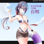  1girl ariake_(kantai_collection) bikini blue_sky breasts brown_footwear character_name cleavage cloud commentary_request cowboy_shot eyewear_on_head hair_over_one_eye hebitsukai-san highleg highleg_bikini highleg_swimsuit highres innertube kantai_collection long_hair looking_at_viewer necktie purple_bikini purple_eyes purple_hair red_neckwear sky smile solo standing swimsuit 