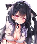  1girl animal_ear_fluff animal_ears black_choker black_hair breasts cat_ears cat_girl cat_tail choker cleavage closed_mouth earrings extra_ears garter_straps hat highres jewelry large_breasts long_hair looking_at_viewer nekomugiharu nurse nurse_cap original red_eyes shirt simple_background solo symbol-shaped_pupils tail very_long_hair white_background white_headwear white_shirt 