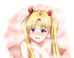  1girl absurdres bishoujo_senshi_sailor_moon blonde_hair blue_eyes blush breasts circlet cleavage collarbone crescent crescent_earrings dongyue_sakura double_bun earrings hair_intakes heart highres jewelry long_hair medium_breasts nude open_mouth sailor_moon sailor_moon_redraw_challenge saliva saliva_trail shiny shiny_hair solo twintails upper_body very_long_hair wavy_mouth white_background 