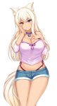  1girl absurdres animal_ear_fluff animal_ears bare_shoulders bell bell_choker blue_eyes breasts cat_ears cat_girl cat_tail choker cleavage closed_mouth coconut_(nekopara) commission denim denim_shorts heterochromia highleg highleg_panties highres jingle_bell kanta_(kanta_077) large_breasts long_hair looking_at_viewer nekopara panties platinum_blonde_hair purple_panties short_shorts shorts slit_pupils solo tail underwear yellow_eyes 