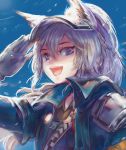 1girl :d animal_ears arknights artist_name gloves grani_(arknights) highres long_hair looking_at_viewer open_mouth police police_uniform policewoman portrait purple_eyes salute silver_hair sky smile solo uniform wolf_ears wolf_girl xilveroxas 