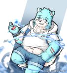  2020 anthro belly blue_body blue_fur bottomwear canid canine canis clothing denext25 domestic_dog fur hi_res hoodie kemono magic male mammal navel overweight overweight_anthro overweight_male shorts solo topwear water white_body white_fur 