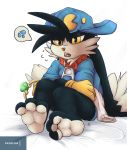  3_toes anthro barefoot black_body black_fur bottomless clothed clothing collar digital_media_(artwork) domestic_cat feet felid feline felis fingers flustered foot_focus fur gloves hair half-closed_eyes handwear hat headgear headwear hi_res hindpaw joooji klonoa klonoa_(series) legwear looking_at_viewer male mammal narrowed_eyes open_mouth patreon patreon_logo paws pictographics playstation simple_background socks soles solo sony_corporation sony_interactive_entertainment speech_bubble teeth toes tongue topwear video_games white_body white_fur young zipper 