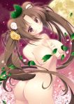  animal_ears ass bare_shoulders breasts brown_hair convenient_leaf eyebrows_visible_through_hair flower full_moon hair_flower hair_ornament highres index_finger_raised large_breasts leaf looking_at_viewer moon nude original raccoon_ears raccoon_girl raccoon_tail red_eyes shaft_look shigunyan tail twintails 