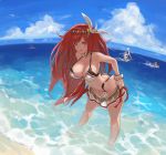  2boys 3girls absurdres beach blue_eyes breasts cleavage commission day fisheye gabriel_(granblue_fantasy) godguard_brodia granblue_fantasy hair_ornament highres large_breasts leaning_forward looking_at_viewer michael_(granblue_fantasy) multiple_boys multiple_girls n9+ navel o-ring o-ring_bikini o-ring_top outdoors parted_lips raphael_(granblue_fantasy) red_hair scrunchie skirt smile standing uriel_(granblue_fantasy) wading wrist_scrunchie 
