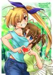  2girls absurdres age_difference blonde_hair blue_eyes breasts brown_hair couple happy heart height_difference highres hug large_breasts long_hair lyrical_nanoha mahou_senki_lyrical_nanoha_force mahou_shoujo_lyrical_nanoha mahou_shoujo_lyrical_nanoha_strikers mahou_shoujo_lyrical_nanoha_vivid multiple_girls san-pon side_ponytail smile vivio yagami_hayate yuri 