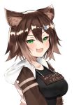  1girl :3 :d animal_ear_fluff animal_ears blush breasts brown_hair cat_ears commentary_request fang fish_hair_ornament fumino_tamaki green_eyes hair_between_eyes hair_ornament half-closed_eyes hood hood_down hoodie large_breasts looking_at_viewer nemun_(tamizzz) nijisanji open_mouth short_hair simple_background smile solo translation_request upper_body virtual_youtuber white_background 