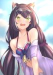  1girl absurdres animal_ear_fluff animal_ears black_hair blurry blurry_background blush breasts cat_ears cleavage collarbone day fang green_eyes halterneck highres karyl_(princess_connect!) long_hair looking_at_viewer midriff mr2d open_mouth outdoors princess_connect! princess_connect!_re:dive small_breasts solo stomach sweatdrop twintails very_long_hair wavy_mouth 