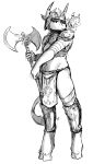  2020 ambiguous_gender anthro armor axe bovid bovine clothed clothing duo european_mythology female frown fur greek_mythology greyscale headgear helmet hi_res holding_object holding_weapon hooves horn kobold loincloth looking_at_viewer mammal melee_weapon midriff minotaur monochrome mythology navel open_mouth open_smile scalie simple_background sirocco sketch skimpy smile standing the-minuscule-task unconvincing_armor weapon white_background 