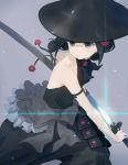  1girl absurdres bare_arms bare_shoulders black_hair black_headwear black_pants black_shirt commentary_request flower grey_background grey_eyes hair_flower hair_ornament highres holding holding_sword holding_weapon jingasa katana long_arms looking_away looking_to_the_side pants princess_principal puffy_pants red_flower red_rose rose sheath shirt sleeveless sleeveless_shirt solo sword toudou_chise unsheathing wasabi60 weapon 