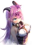  1girl absurdres asymmetrical_horns bare_shoulders blonde_hair blue_eyes blush breasts demon_horns hair_ornament headphones headphones_around_neck highres hololive horns long_hair looking_at_viewer mano_aloe multicolored_hair pink_hair pointy_ears sleeveless smile solo two-tone_hair virtual_youtuber white_background yu_hydra 