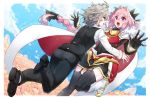  2boys astolfo_(fate) boots commentary_request covered_navel eyebrows_visible_through_hair eyes_visible_through_hair fang fate/grand_order fate_(series) gauntlets haoro long_hair multiple_boys open_mouth otoko_no_ko pants pink_hair purple_hair sieg_(fate/apocrypha) skin_fang thighhighs tongue zettai_ryouiki 