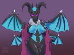  anthro black_body black_skin blue_countershading breasts clothing countershading dragon female genitals gradient_background hi_res horn looking_at_viewer pink_eyes pussy robe simple_background smile solo undressing watermark wigsey-nsfw wings 