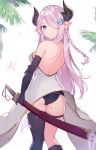  1girl absurdres ass back backless_outfit black_gloves black_legwear black_panties blue_eyes blush braid breasts draph elbow_gloves gloves granblue_fantasy hair_ornament hair_over_one_eye highres holding holding_weapon horns katana large_breasts lavender_hair long_hair looking_at_viewer looking_back narmaya_(granblue_fantasy) panties pointy_ears rikoma single_braid single_thighhigh smile solo sword thigh_strap thighhighs underwear very_long_hair weapon 
