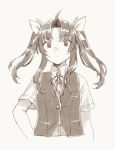  1girl ahoge dress_shirt hair_ribbon hand_on_hip kagerou_(kantai_collection) kantai_collection long_hair looking_at_viewer miroku_san-ju monochrome neck_ribbon ribbon school_uniform sepia shirt short_sleeves simple_background solo twintails upper_body vest 