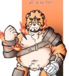  2020 anthro belly clothing cute_fangs denext25 felid fire hi_res humanoid_hands kemono magic male mammal navel nipples overweight overweight_anthro overweight_male pantherine solo tiger underwear 