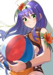  1girl ball beachball bikini blue_hair closed_mouth fire_emblem fire_emblem:_radiant_dawn fire_emblem_heroes flower green_eyes hair_flower hair_ornament hairband highres holding long_hair mia_(fire_emblem) orange_bikini panda_inu simple_background smile solo swimsuit upper_body white_hairband 