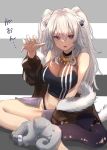  1girl ahoge animal_ears bare_shoulders barefoot breasts crop_top earrings fangs fur-trimmed_jacket fur_trim gao grey_eyes grey_hair hair_between_eyes highres hololive indian_style jacket jewelry large_breasts lion_ears lion_girl long_hair looking_at_viewer necklace off_shoulder open_mouth rocoroco1115 shirt shishiro_botan single_leg_pantyhose sitting solo stuffed_animal stuffed_toy thigh_strap torn_clothes torn_legwear virtual_youtuber 