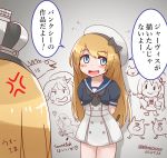  2girls anger_vein arms_behind_back batsubyou blonde_hair blue_eyes blue_sailor_collar commentary crown dress enemy_lifebuoy_(kantai_collection) from_behind gloves graffiti hat holding holding_pencil janus_(kantai_collection) jervis_(kantai_collection) kantai_collection mini_crown mitchell_(dynxcb25) monster_in_kamata multiple_girls pencil sailor_collar sailor_dress sailor_hat swordfish_(airplane) translated warspite_(kantai_collection) white_dress white_gloves white_headwear 