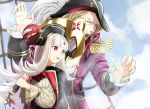  1boy 1girl absurdres anchor blonde_hair blue_sky cloud commentary_request fire_emblem fire_emblem_fates fire_emblem_heroes grey_hair hat highres holding long_hair long_sleeves one_eye_closed open_mouth parted_lips pirate_costume pirate_hat red_eyes short_hair sky sukkirito_(rangusan) upper_body veronica_(fire_emblem) xander_(fire_emblem) 
