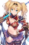  1girl absurdres armor armored_dress bangs belt bikini_armor black_hairband blonde_hair blue_eyes breasts brown_belt cleavage clenched_teeth gauntlets granblue_fantasy grin hairband hand_on_hip highres holding holding_staff medium_breasts midriff navel nezumidoshi purple_skirt short_hair showgirl_skirt simple_background skirt smile solo staff teeth thighhighs twintails white_background zeta_(granblue_fantasy) 
