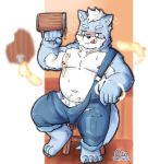  2020 anthro belly blue_body blue_fur blush canid canine canis clothing denext25 domestic_dog drunk fur genitals hi_res kemono male mammal moobs navel nipples overalls overweight overweight_anthro overweight_male penis sitting solo substance_intoxication tongue tongue_out white_body white_fur 