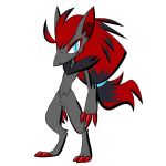  1:1 2019 ambiguous_gender anthro black_body black_fur blue_eyes canid canine claws fur grey_body grey_fur hair head_markings highlights_(coloring) inner_ear_fluff kobra333_(artist) long_hair mammal markings nintendo pok&eacute;mon pok&eacute;mon_(species) ponytail pupils red_claws red_inner_ear red_markings simple_background slit_pupils solo toe_claws tuft video_games white_background zoroark 