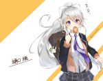  1girl backpack bag blazer blush character_name food_in_mouth grey_skirt higuchi_kaede hikari_yui jacket long_hair long_sleeves mole mole_under_eye necktie nijisanji open_blazer open_clothes open_jacket plaid plaid_skirt ponytail purple_eyes purple_neckwear school_uniform silver_hair skirt solo twitter_username two-tone_background upper_body virtual_youtuber white_background yellow_background 