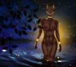  anthro areola black_nose bracelet breasts brown_areola brown_body brown_fur brown_nipples collar felid feline female fur genitals green_eyes jewelry katta lake looking_at_viewer mammal navel nipples nude outside pussy quest_for_glory red_pussy sapaiake shema smile solo 