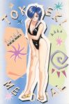  1990s_(style) 1girl arm_grab black_swimsuit blue_eyes blue_hair character_name copyright_name full_body hair_over_one_eye high_heels himoo_yuina kokura_masashi long_hair official_art one-piece_swimsuit sandals smile solo standing swimsuit tokimeki_memorial tokimeki_memorial_1 