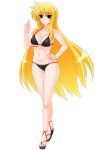  1girl bangs bikini black_bikini blonde_hair breasts cleavage closed_mouth collarbone engo_(aquawatery) eyebrows_visible_through_hair fate_testarossa full_body groin hair_between_eyes hand_on_hip large_breasts long_hair lyrical_nanoha mahou_shoujo_lyrical_nanoha_strikers red_eyes shiny shiny_hair shiny_skin sideboob simple_background smile solo standing swimsuit underboob very_long_hair white_background 