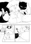  2020 69_position absurd_res anthro anus balls belly bonedra butt canid canine clothing comic condom duo erection fingering genitals hi_res humanoid_genitalia humanoid_hands humanoid_penis japanese_text kemono male male/male mammal monochrome oral overweight overweight_male penis raccoon_dog sex sexual_barrier_device shirt sitting tanuki text topwear wearing_condom 