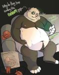  2020 after_vore anthro belly black_body black_fur chocolombian english_text fur furniture giant_panda hi_res male mammal moobs navel nipples overweight overweight_anthro overweight_male phone sitting sofa solo text ursid vore white_body white_fur 