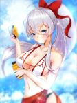  absurdres bare_shoulders blue_hair blue_oath blush bow breasts cleavage hair_between_eyes hair_bow highres hiryuu_(blue_oath) holding holding_letter large_breasts letter long_hair looking_at_viewer navel ponytail red_bow red_sarong sarong silver_hair user_wyde4778 