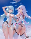 2girls absurdres arm_up armpits ass bangs bare_shoulders blue_hair blue_sky breasts cleavage cloud cloudy_sky collarbone commentary_request day elbow_gloves gloves gu_tao hand_on_own_chest highres large_breasts leotard lips long_hair looking_at_viewer looking_back low_twintails multiple_girls navel outdoors parted_lips purple_eyes reina_(xipuria) revision shiny shiny_hair shiny_skin sideboob silver_hair sky sky_diver_xipuria smile sparkle stomach thighhighs thighs tied_hair twintails werfen_(xipuria) white_gloves 
