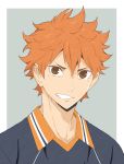  1boy absurdres black_shirt border brown_eyes collared_shirt donguri_suzume grey_background grin haikyuu!! hair_between_eyes highres hinata_shouyou looking_at_viewer male_focus orange_hair shirt simple_background smile solo upper_body white_border 