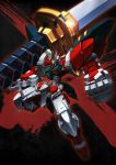 clenched_hand glowing glowing_eyes green_eyes gundam gundam_astray_red_frame gundam_seed gundam_seed_astray highres holding holding_sword holding_weapon lens_flare mecha no_humans over_shoulder solo superphotrone sword v-fin weapon 