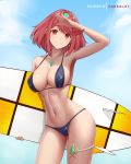  1girl armpits arms_up artist_name bangs bare_arms bare_shoulders bikini black_bikini blue_sky blush breasts closed_mouth collarbone contrapposto cowboy_shot dakkalot day earrings gem holding homura_(xenoblade_2) jewelry large_breasts looking_at_viewer navel outdoors red_eyes red_hair salute short_hair sky smile solo stomach surfboard swept_bangs swimsuit thighs tiara xenoblade_(series) xenoblade_2 
