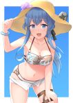  1girl akahi242 animal bikini blue_eyes blue_hair breasts cleavage collarbone cowboy_shot eyebrows_visible_through_hair gotland_(kantai_collection) groin hair_between_eyes hat highres kantai_collection large_breasts long_hair mole mole_under_eye open_mouth sheep smile solo sun_hat swimsuit wristband 
