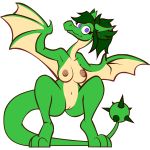  1:1 anthro big_breasts biped breasts butt crouching digital_media_(artwork) dragon female feral genitals green_body green_hair green_scales hair hi_res korykobold long_ears long_hair long_tail looking_at_viewer membrane_(anatomy) membranous_wings multicolored_body navel nipples no_shading non-mammal_breasts nude purple_eyes pussy reptile scales scalie simple_background smile solo spiked_tail spikes spikes_(anatomy) two_tone_body white_background wings wyvern xanphur 