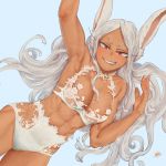  1girl abs absurdres animal_ears armpits biting boku_no_hero_academia bra breasts bunny_ears dark_skin half-closed_eyes highres justin_leyva_(steamy_tomato) lip_biting long_hair looking_at_viewer mirko muscle muscular_female red_eyes scar smile solo teeth toned underwear white_bra white_hair 