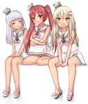  3girls blonde_hair blue_eyes brown_hair closed_eyes dress full_body grecale_(kantai_collection) highres kantai_collection libeccio_(kantai_collection) long_hair low-cut_armhole maestrale_(kantai_collection) multiple_girls open_mouth panties red_eyes ribbon sailor_collar sailor_dress side-tie_dress silver_hair simple_background sitting skirt skirt_lift sleeveless sleeveless_dress striped striped_neckwear striped_panties tiemu_(man190) twintails underwear wavy_hair white_background white_dress white_ribbon white_sailor_collar 