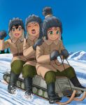  3girls aviator_cap black_hair blush bottle brown_hair commentary_request day green_eyes grey_eyes grey_hair ground_vehicle laughing military military_vehicle motor_vehicle mu-pyon multiple_girls open_mouth original short_hair sky smile snow su-100 tank tank_destroyer tongue tree 