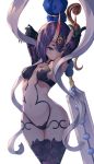 1girl arms_behind_head bob_cut breasts chinchilla_(ynfy4577) closed_mouth commentary_request eyebrows_visible_through_hair fate/grand_order fate_(series) hair_between_eyes highres holding holding_sword holding_weapon horns looking_at_viewer medium_breasts navel oni oni_horns purple_eyes purple_hair short_hair shuten_douji_(fate/grand_order) simple_background smile solo sword thick_eyebrows thighhighs weapon white_background 