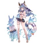  1girl alpha_transparency animal_ears bangs bikini_skirt blue_flower blue_hair blue_ribbon blue_skirt brown_eyes bunny_ears erune ferry_(granblue_fantasy) flower full_body ghost granblue_fantasy hair_between_eyes hair_flower hair_ornament hair_ribbon innertube jewelry long_hair looking_at_viewer minaba_hideo official_art ponytail purple_flower ribbon sandals single_earring skirt solo standing swimsuit thigh_strap transparent_background wavy_hair 