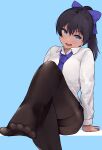  1girl arm_support bangs black_hair black_legwear blue_background blue_bow blue_necktie bow collared_shirt commentary crossed_legs english_commentary feet hair_bow highres leg_up long_hair long_sleeves looking_at_viewer necktie no_shoes okpriko open_mouth original pantyhose ponytail shirt simple_background sitting smile solo thighband_pantyhose toes white_shirt wing_collar 