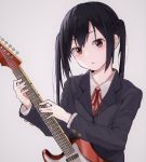  1girl :o bangs black_hair blazer blush electric_guitar grey_background guitar highres holding holding_instrument instrument jacket k-on! long_hair long_sleeves looking_at_viewer nakano_azusa neck_ribbon parted_lips red_eyes red_neckwear red_ribbon ribbon sakuragaoka_high_school_uniform school_uniform sidelocks simple_background solo twintails upper_body viewran 