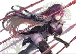  1girl absurdres armor bodysuit breasts eyebrows_visible_through_hair fate/grand_order fate_(series) hair_between_eyes high_heels highres holding holding_spear holding_weapon large_breasts long_hair looking_at_viewer natsujiru polearm red_eyes scathach_(fate)_(all) scathach_(fate/grand_order) shoulder_armor simple_background solo spear weapon white_background 